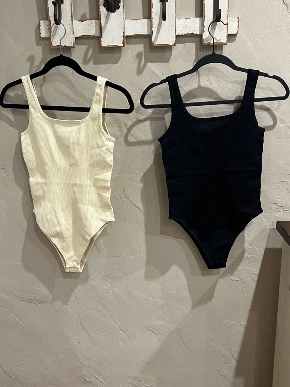 OQQ Set of 2 Ribbed Square-Neck Shaping Bodysuits - Black and Cream - M - NWT